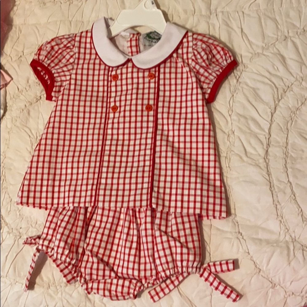 White and red stripe shirt and bloomer set